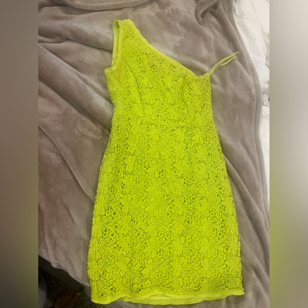 The limited lime green crochet lace one shoulder dress